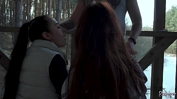 We sucked him together on our vacation public threesome blowjob