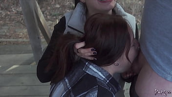 We sucked him together on our vacation public threesome blowjob