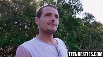 Petite teens suck and fuck outdoors for a lucky dude