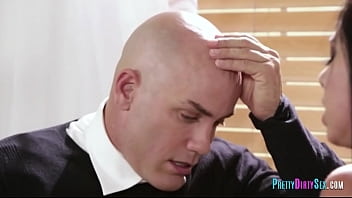 Nasty brunette banged by bald muscled dude