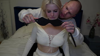 Blindfolded blonde gets a hard facefuck surprise