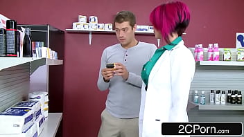 Over the counter sex with busty tattooed pharmacist riding newbie's dick Over the counter sex with busty tattooed pharmacist riding newbie's dick
