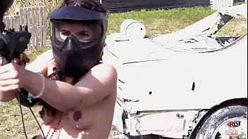 Sally squirts in the paintball arena