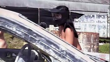 Sally squirts in the paintball arena