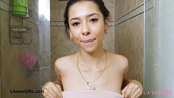 Teen brunette model caress her body in the bath