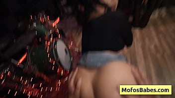 See this horny big tit black haired girl gives nice tit job and reveal her huge naturals