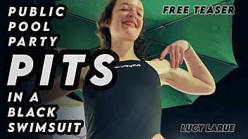 Public pool party pits in a black swimsuit