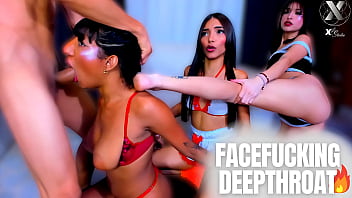 Beautiful brunette kneels and doesn't let go of the cock — continuous and deep blowjob