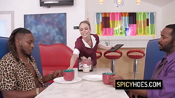 Horny waitress getting double penetrated by two bbc at the coffee shop