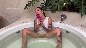 Relaxing hot shower in my stepdad's jacuzzi i let my white dress get wet and then i masturbate with my pink vibrator