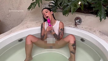 Relaxing hot shower in my stepdad's jacuzzi i let my white dress get wet and then i masturbate with my pink vibrator