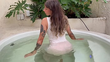 Relaxing hot shower in my stepdad's jacuzzi i let my white dress get wet and then i masturbate with my pink vibrator