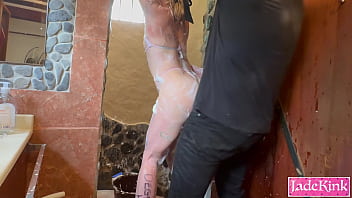 Sub slut tied in bathroom punished with foam spray