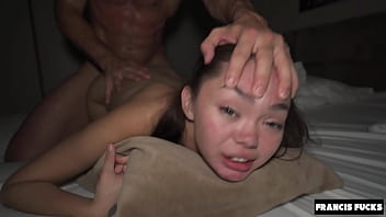 Cute asian teen drilled in rough threesome