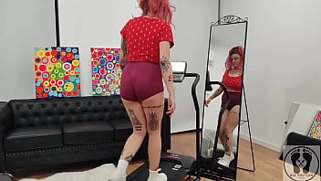 Treadmill chubby girl exersices short tights big ass
