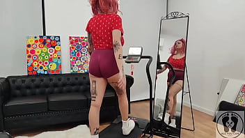 Treadmill chubby girl exersices short tights big ass