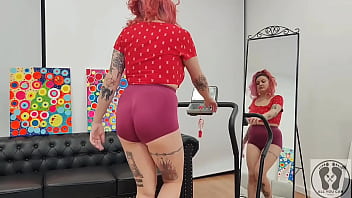 Treadmill chubby girl exersices short tights big ass