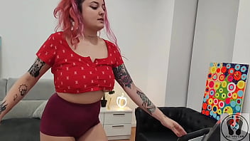 Treadmill chubby girl exersices short tights big ass