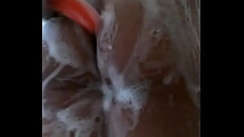 Horny anal virgin in shower teasing tight hole with tip