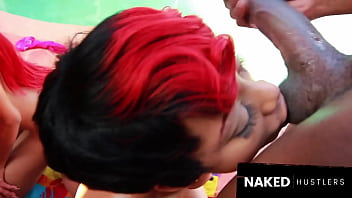 Pool fun with 2 sexy ebony baddies sharing 2 big dicks