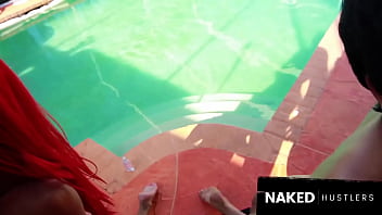 Pool fun with 2 sexy ebony baddies sharing 2 big dicks