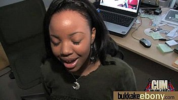 Ebony babe sucks group of white guys 25