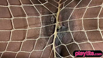 Slender petite ebony cougar fucks herself with a dildo on camera