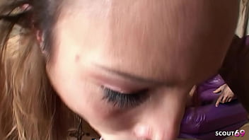 Slim and small tits teen pick up for blow bang and deep throat fuck with big dick guys at group sex before bukkake