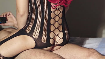 I fuck him by riding him and we end up in doggy style with a nice cumshot up to the hair