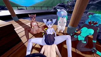 Catgirls and foxgirls fucked in hard reverse furry gangbang