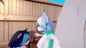 Catgirls and foxgirls fucked in hard reverse furry gangbang