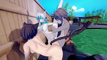 Catgirls and foxgirls fucked in hard reverse furry gangbang