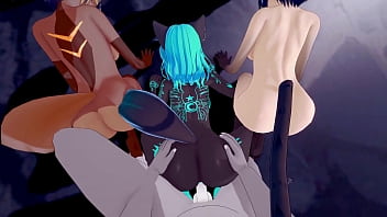 Catgirls and foxgirls fucked in hard reverse furry gangbang