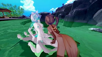 Catgirls and foxgirls fucked in hard reverse furry gangbang