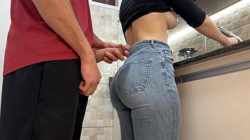Maid getting cum on her jeans while washing dishes free use
