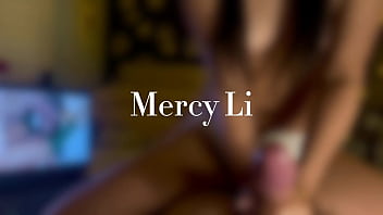 Asian gf play's cock hero handjob with a big cumshot