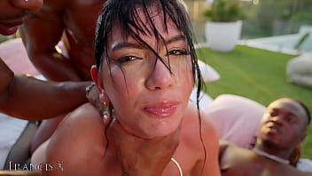 Outdoor gangbang 9 guys fuck latina slut in lingerie with anal and dp