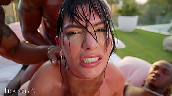 Outdoor gangbang 9 guys fuck latina slut in lingerie with anal and dp