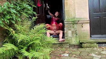 Milf slutty in red stocking fucked in a doggy style