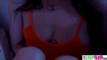 Stepbro pervs hard on petite teen stepsis and her bestie during halloween