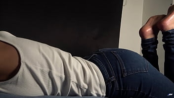 Made for foot fetish lovers sexy bug bunny pose with tight blue jeans and balls massage with feets