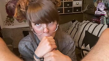 Cute nerdy girl shows her deepthroat skills on big dick