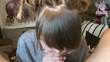 Cute nerdy girl shows her deepthroat skills on big dick