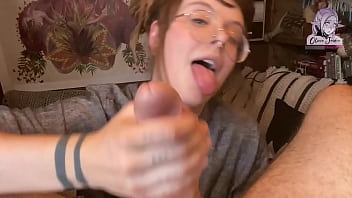 Cute nerdy girl shows her deepthroat skills on big dick