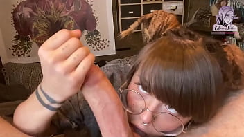 Cute nerdy girl shows her deepthroat skills on big dick