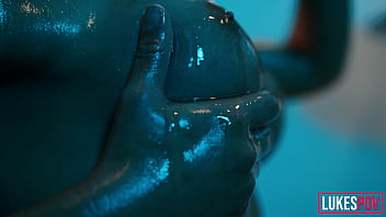 Big boobs fitness model oiled up & covered in cum