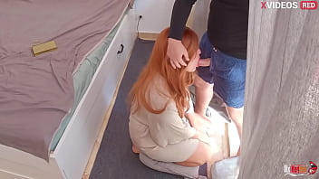 The stepson takes out his penis in front of his stepmother and she starts sucking it sweetly and asks him to fuck her and then cum in her mouth