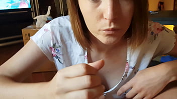 Amateur brunette sucks big dick twice & cum in mouth