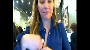 Cam model strips and flashes in very crowded cafe on webcam