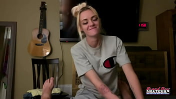 Petite inked blonde sassy rubs her juicy titties and finger fucks her twat